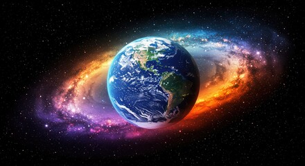 Obraz premium Stunning view of planet Earth nestled within a vibrant, colorful galaxy, symbolizing exploration and cosmic wonder
