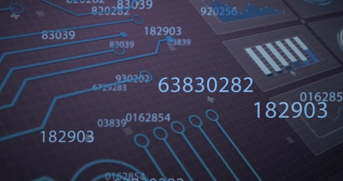 Animation of statistics and data processing over computer circuit board - Powered by Adobe