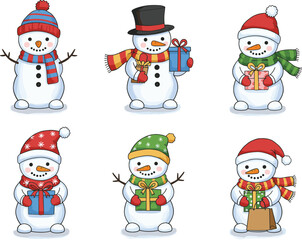 Cute cartoon snowmen with winter hats, scarves, and Christmas presents, festive holiday illustration, cheerful snow characters for seasonal design
