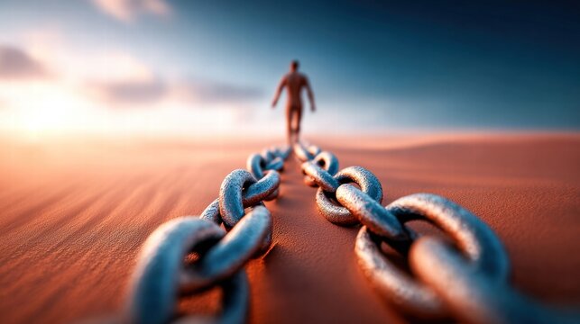 A man walks free from his chains toward the sunset, symbolizing breaking free from the past.