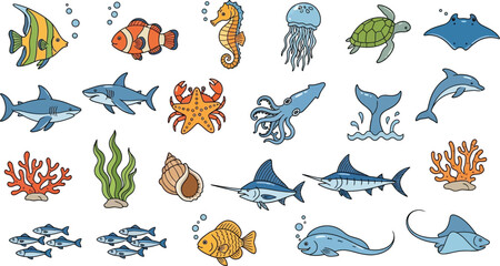 Obraz premium Colorful collection of hand drawn sea animals and marine life icons.