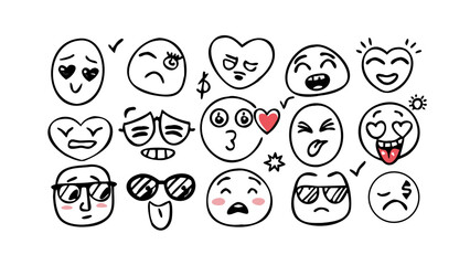 Whimsical Doodle Faces with Hearts and Lips emoji