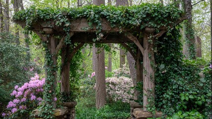 A rustic wooden arbor covered in lush green ivy, leading into a serene garden with blooming pink azaleas.
