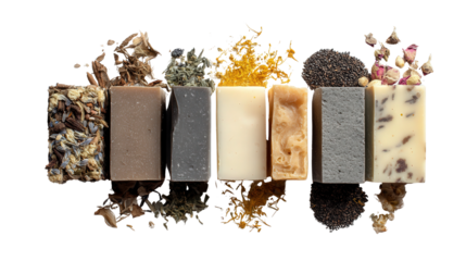 Organic Handcrafted Soaps: A flat lay of organic handcrafted soaps with natural ingredients, isolated on a Transparent background, PNG file.