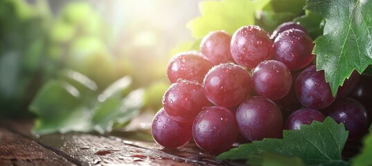 Fresh red and purple grapes with dewdrops on rustic wood in spring