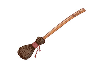 Hand drawn vintage sketch of halloween witch broomstick with wooden handle and straw bristles in brown color