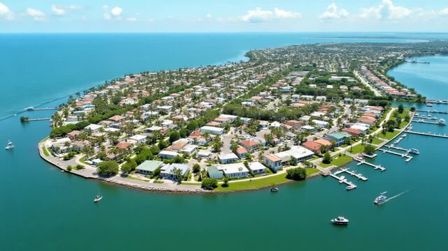 Aerial fly Pinellas County, Florida, United States The city and infrastructure of the island. Cars and houses along the waterfront on a sunny day and tourist season.