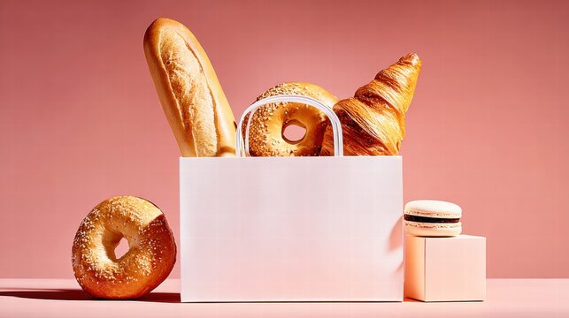 Freshly baked goods, including bread, bagels, and croissants, on a pink backdrop.