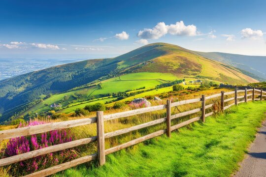 Sunny mountain vista with vibrant green hills and a wooden fence