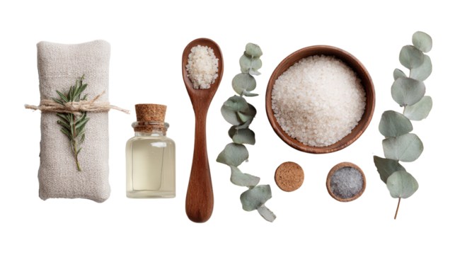 Organic Herbal Bath Products: A flat lay of organic herbal bath products like bath salts and oils, isolated on a Transparent background, PNG file.