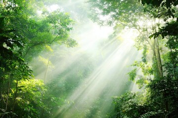 Obraz premium Sunlight streams through dense jungle foliage (1)