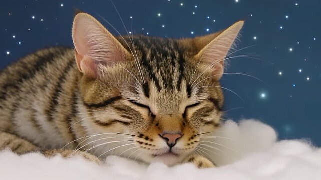 Tabby kitten sleeping soundly on fluffy white material against a starr