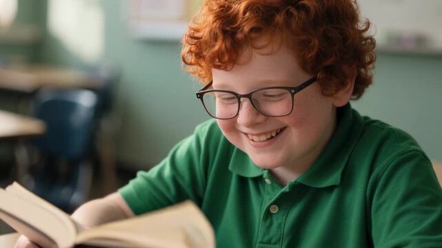 Young boy with red hair and glasses reading a book and smiling in a cl