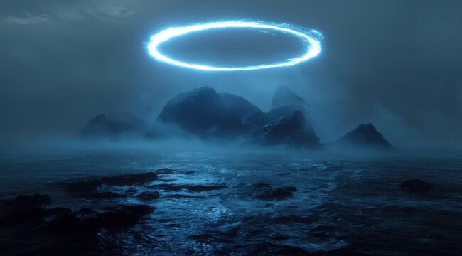 Vibrant photo of mysterious glowing ring illuminates foggy alien landscape.