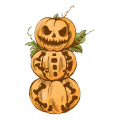 Hand drawn vintage halloween illustration of scary pumpkin snowman jack o lantern with creepy carved faces isolated vector