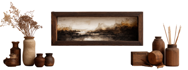 Framed landscape painting displayed with rustic decorative items