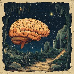 Surreal Floating Brain Over Nighttime Landscape with Starry Sky and Winding Path