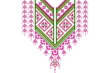 Geometric Embroidery Neckline Design, featuring ethnic cross-stitch style. Ideal for textile design, fashion prints, digital art, and cultural decoration.
