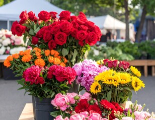 Vibrant bouquets of roses, peonies, and sunflowers displayed at an outdoor market, showcasing a colorful array of flowers.