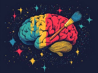 Colorful Brain Illustration Split into Red and Blue Halves with Paintbrush and Surrounding Stars