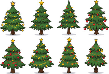 Collection of decorated Christmas trees with ornaments, stars, lights, garlands, holiday theme, festive illustration, cartoon style, winter celebration