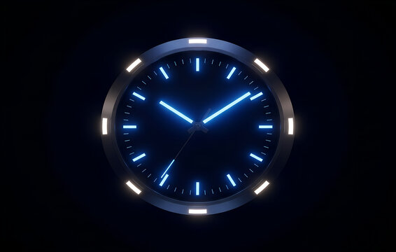 Modern digital watch face with bright blue neon glow on black background