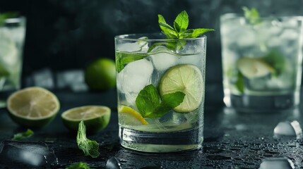 Fototapeta premium Refreshing mojito cocktail with lime and mint garnished with ice in a cool, moody setting