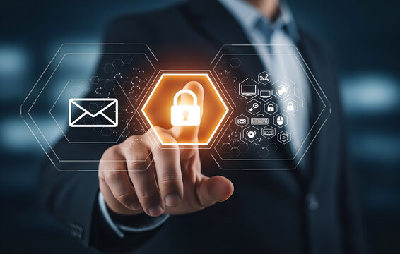 Businessman touching a digital security interface with padlock and icons