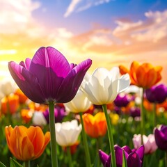 Vibrant tulips in a field bathed in warm sunlight at sunset, showcasing a variety of colors.