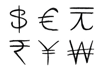 Hand drawn multiple currencies symbol set Dollar euro yuan yen won rupee