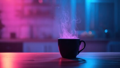 Vibrant photo of steaming coffee cup under neon lights.