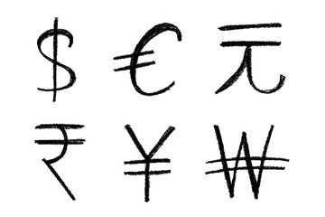 Hand drawn multiple currencies symbol set Dollar euro yuan yen won rupee