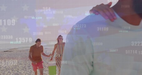Animation of american flag over diverse friends at beach - Powered by Adobe