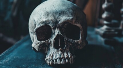 Close-up of a human skull on a dark surface