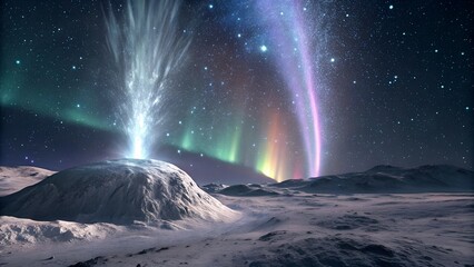 Colossal comet erupting crystalline geysers refracting starlight into prismatic beams.