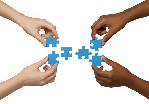 Teamwork puzzle collaboration hands connecting isolated on transparent background