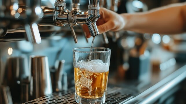 Fresh golden beer pouring from a tap into a glass creating a refreshing beverage at a bar or pub
