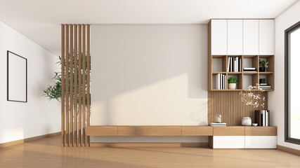 Living room with built-in TV cabinet and bookshelf. white polished concrete wall and wooden floor. 3d rendering
