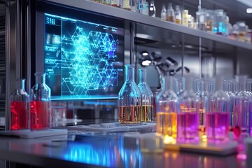 High-Tech Laboratory with Digital Display Showcase