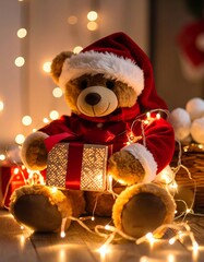 A charming teddy bear, adorned in a festive Santa hat and red suit, sits amongst warm Christmas lights and holds a glowing gift box.