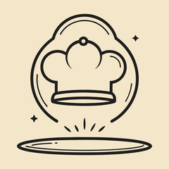 Minimalist plate outline with floating chef hat vector design, elegant thin stroke illustration for restaurant, food branding, kitchen, culinary logo.