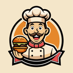 Vintage burger shop logo featuring happy smiling chef holding delicious burger with bold retro lines, perfect for restaurant branding design
