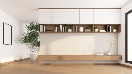 Living room with built-in TV cabinet and bookshelf. white polished concrete wall and wooden floor. 3d rendering