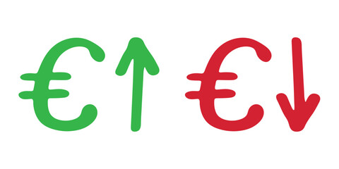 Hand drawn euro currency symbol Growth and fall profit with arrow up and down Brush stroke doodle Element for design