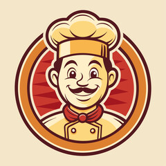 Retro 1950s smiling chef mascot logo inside circular badge with warm vintage colors, classic diner restaurant branding vector illustration