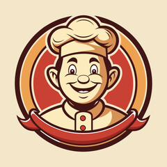 Retro 1950s smiling chef mascot logo inside circular badge with warm vintage colors, classic diner restaurant branding vector illustration