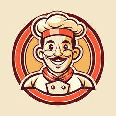 Retro 1950s smiling chef mascot logo inside circular badge with warm vintage colors, classic diner restaurant branding vector illustration
