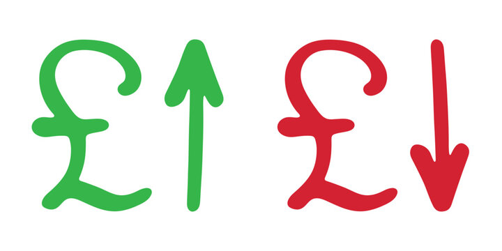 Hand drawn british pound currency symbol Growth and fall profit with arrow up and down Brush stroke doodle Element for design