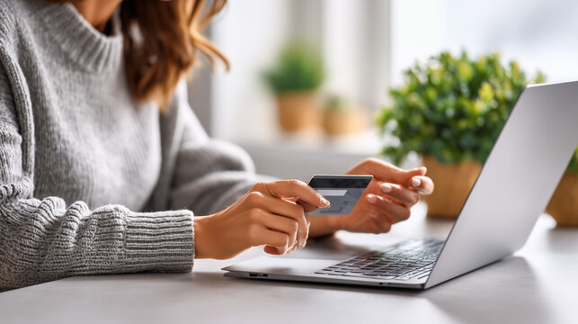 Woman online shopping with credit card while using laptop at home  