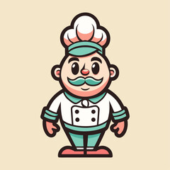 Retro ice cream shop chef mascot vector illustration in pastel vintage tones, nostalgic dessert character logo design for branding